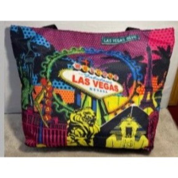 LAS VEGAS THEMED MULTICOLOR TOTE BAG WITH ZIPPER CLOSURE & BLACK STRAPS - Picture 2 of 7